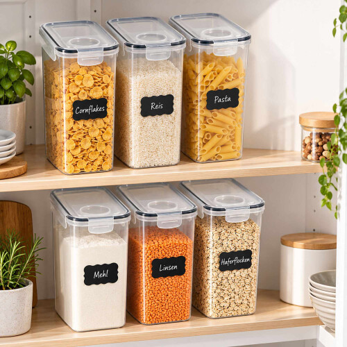 6er-Set luftdichte Vorratsdosen mit Etiketten, transparent