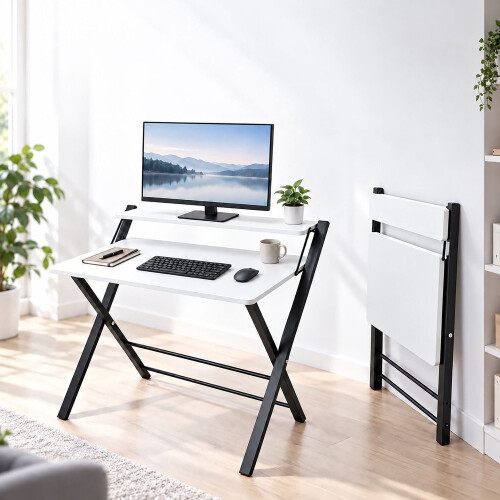Scrivania pieghevole per computer con supporto per monitor e 2 livelli 2