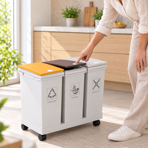 Küchenabfalleimer mit 3 Fächern und Rollen, je 12 l, weiß 2