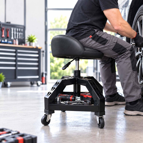 Sgabello da officina con schienale e sollevamento a gas, altezza 50–65 cm