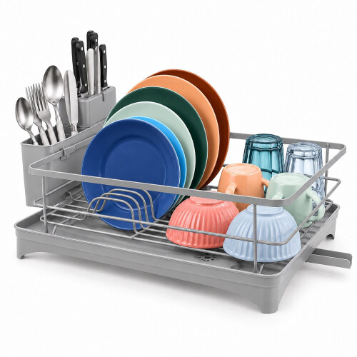 Scolapiatti con beccuccio girevole e portaposate, grigio, larghezza 43 cm 1