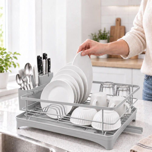 Scolapiatti con beccuccio girevole e portaposate, grigio, larghezza 43 cm 2