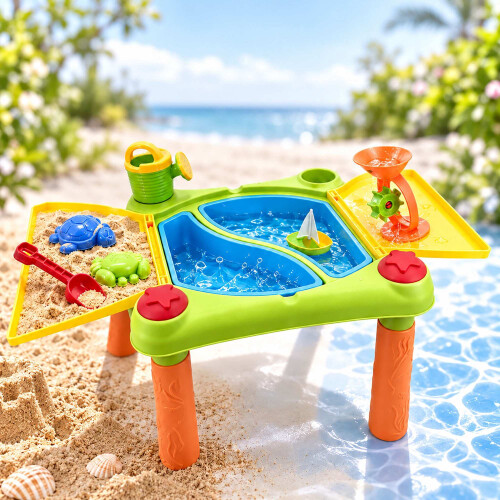 Sand- und Wasserspieltisch für Kinder mit 2 Fächern, Klappdeckel 2