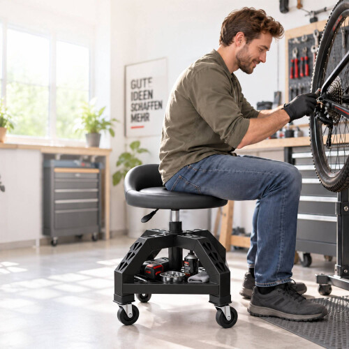 Sgabello da officina con schienale e sollevamento a gas, altezza 50–65 cm 2