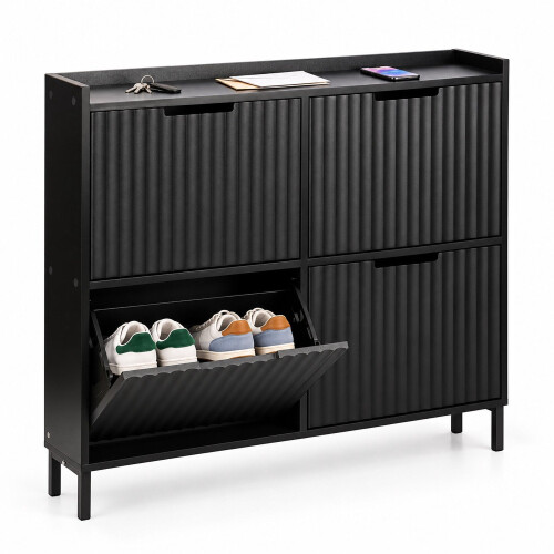 Ausklappbarer Schuhschrank mit 4 Fächern, gerippter Front, Schwarz 1