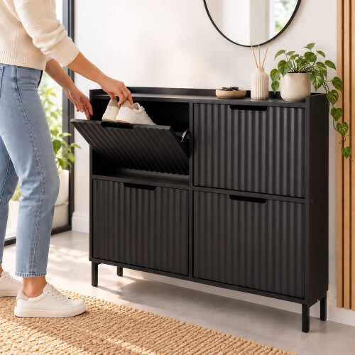 Ausklappbarer Schuhschrank mit 4 Fächern, gerippter Front, Schwarz 2