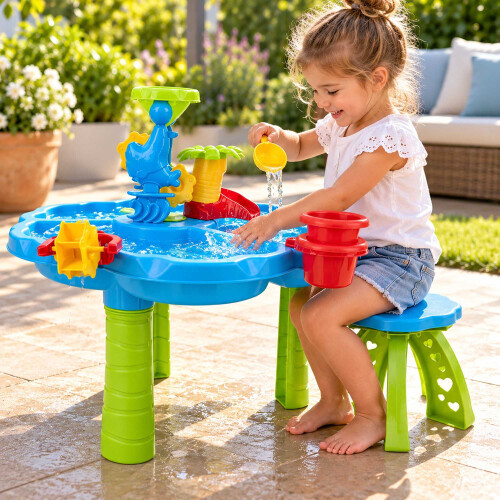 Tavolo da gioco acquatico per bambini con sgabello e 3 scomparti 2