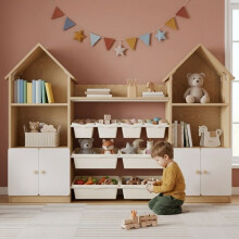 Étagère enfant maison - CIPACHO - Blanc et naturel - 8 boîtes de rangement amovibles - Étagères ouvertes - Portes