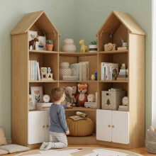 Étagère pour enfants en forme de maison - CIPACHO - Blanc et naturel - Bois - Avec portes - Étagère d'angle - 4 niveaux