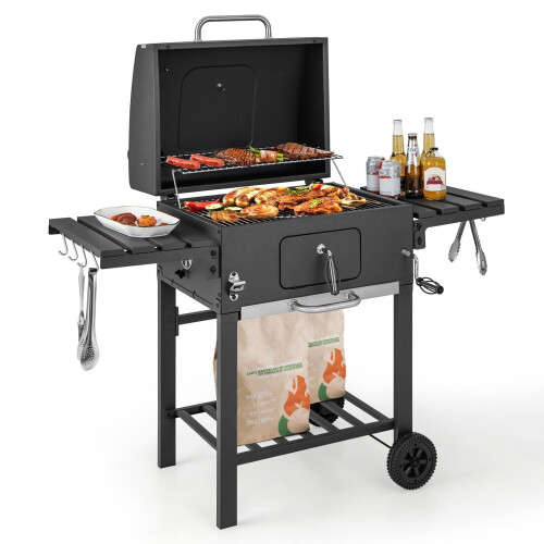 Costway Camping Charcoal Grill BBQ Smoker Combo with 2 Wheels 2 Side Tables