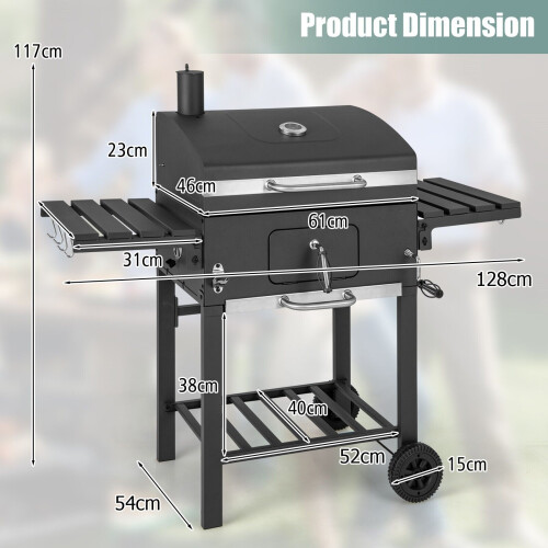 Costway Camping Charcoal Grill BBQ Smoker Combo with 2 Wheels 2 Side Tables 2