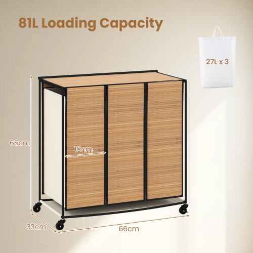 Costway 66CM Tall Laundry Hamper 3 Section Laundry Sorter with Lid 2