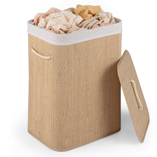 Costway Bamboo Laundry Basket with Lid 72L Natural Clothes Hamper Removable