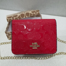 (Red) Retro printed flap small square bag thin chain shoulder strap