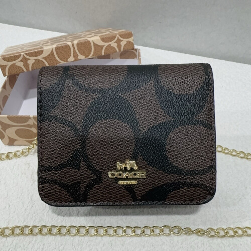 (Brown black) Retro printed flap small square bag thin chain shoulder strap