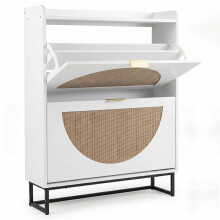 White Narrow Shoe Cabinet with 2 Flip Drawers Slim Faux Rattan Front