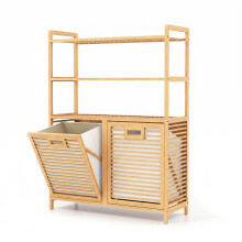 Bamboo Double Tilt Out Laundry Hamper with 3 Shelves With 2 Removable