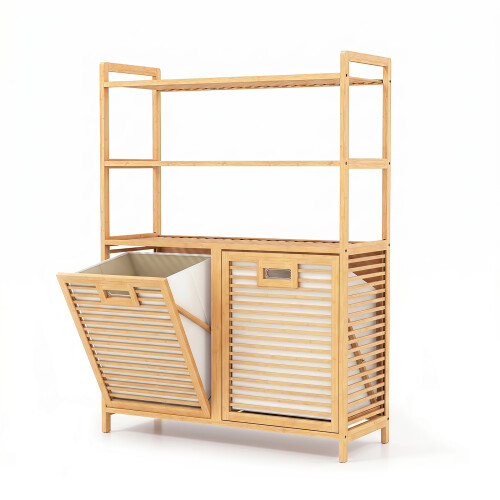 Costway Bamboo Double Tilt Out Laundry Hamper with 3 Shelves With 2 Removable