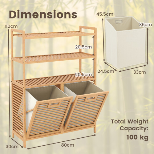 Costway Bamboo Double Tilt Out Laundry Hamper with 3 Shelves With 2 Removable 2