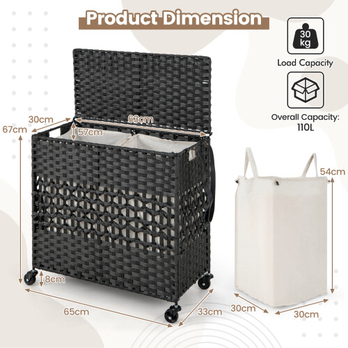 Costway 110L 2 Section Laundry Hamper with Lid 2