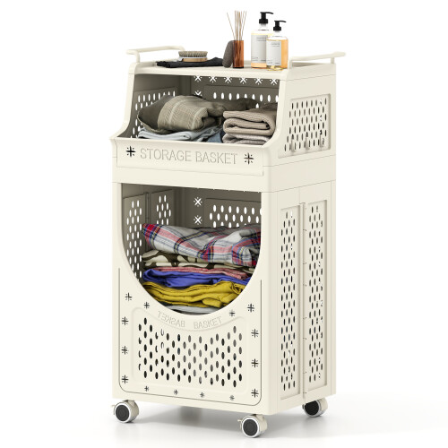 Costway 3 Tier Laundry Cart Folding Laundry Hamper with Lockable Wheels