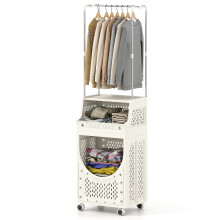 3 Tier Laundry Cart Folding Laundry Hamper with Hanging Bar