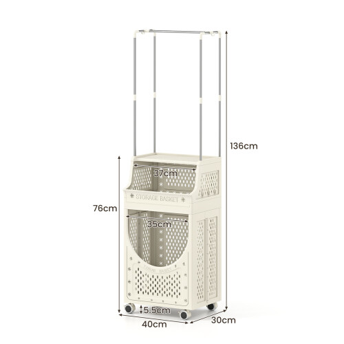 Costway 3 Tier Laundry Cart Folding Laundry Hamper with Hanging Bar 2