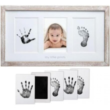 (My Little Prints Frame, Rustic Wood) Pearhead Baby Hand and Footprint Photo Frame Kit with Clean Ink Pad, White