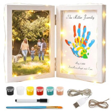 (Weiß 4 LED) Family Handprint Kit for 4, DIY Baby Handprint & Paw Print Photo Frame with LED, Non-Toxic Finger Paint Gift for Mom & Dad