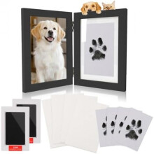 (Doppelrahmen-schwarz) Inkless Paw Print Kit & Baby Handprint Footprint Set with Wooden Frame, 4 Cards - Dog Cat Keepsake Gift