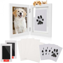 (Doppelrahmen-weiß) Inkless Paw Print Kit & Baby Handprint Footprint Set with Wooden Frame, 4 Cards - Dog Cat Keepsake Gift