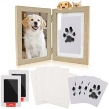 (Doppelrahmen-holzfarben) Inkless Paw Print Kit & Baby Handprint Footprint Set with Wooden Frame, 4 Cards - Dog Cat Keepsake Gift