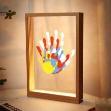 Baby Handprint & Footprint Kit with LED Night Light, Non-Toxic Ink Pad, 4 PS Plates & Wooden Frame, DIY Keepsake Gift