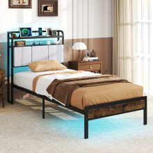 Single Size Bed Frame w/ LED Light & Charging Station Metal Slats