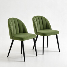(GREEN) 2x Upholstered Velvet Dining Chairs, Shell Back Kitchen Chairs w/ Steel Legs