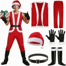 Dospelý mužský kostým Santa Claus Cosplay bez rukávov, vesta, nohavice, sada doplnkov pre vianočný kostým S