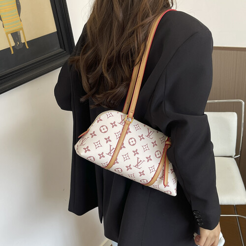 (White) Retro printed shell armpit bag for women long shoulder strap zipper shoulder bag