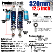 Amortiguador trasero universal de aire con ojo redondo de 320 mm y 12 mm para scooter, dirt bike, gokart, quad y ATV