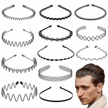 Lot de 12 bandeaux métalliques pour hommes, ajustables, ondulés, noirs, antidérapants.