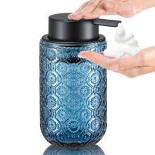 (Blue, 400ml) Vintage-tyylinen kohokuvioitu lasinen vaahtosaippua-annostelija - mattamusta pumppupää - sopii kylpyhuoneeseen