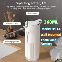 (360ML P11A Foam) Automaattinen saippua-annostelija Kosketusvapaa vaahtosaippua-annostelija 380ml USB ladattava sähköinen