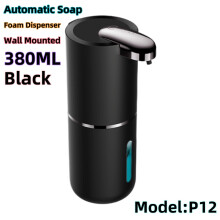 (380ML P12 Black) Automaattinen saippua-annostelija Kosketusvapaa vaahtosaippua-annostelija 380ml USB ladattava sähköinen