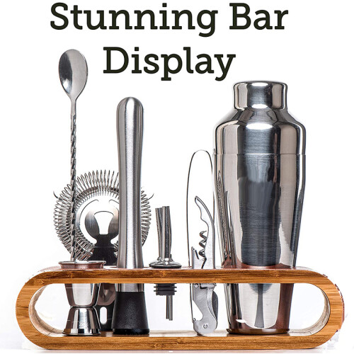 (Silver) Kit de barman Mixology : ensemble de 10 outils de bar avec support élégant en bambou