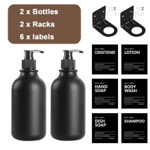 (Matte Black Set) 2 kpl 500 ml:n saippua-annostelija etiketeillä, täytettävä shampooastian ripustin, seinälle kiinnitettävä
