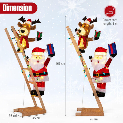 Scala natalizia preilluminata con Babbo Natale e renne, 166 cm, 100 LED