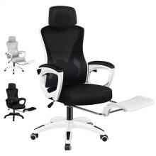 (Black & White) ELFORDSON Mesh Office Chair High Back Ergonomic Recliner Footrest Swivel Gaming