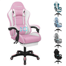 (Pink & White) ELFORDSON Gaming Chair Recliner Massage Cushion Footrest Padded Executive Office