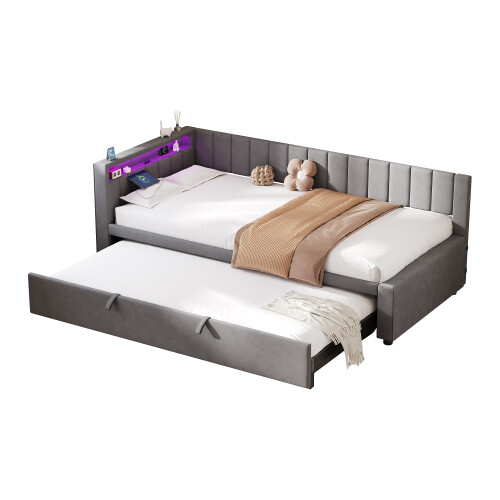 3ft Single Velvet Daybed with Pull-out Trundle Velvet Upholstered Sofa Bed