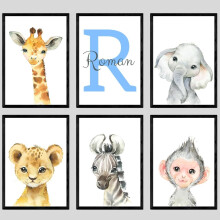 Eviepops Prints Safari Animals Boy Girl Set Of 6 Unframed Nursery Bedroom Poster Prints, Personalised Name Blue Green Yellow, Boys Girls Decor, Giraff