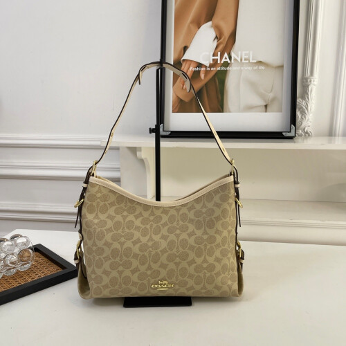 (Khaki) Retro flower armpit bag wide shoulder strap shoulder bag
